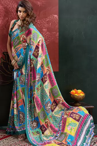 Green color digital print with mirror work silk blend saree with blouse