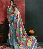 Green color digital print with mirror work silk blend saree with blouse