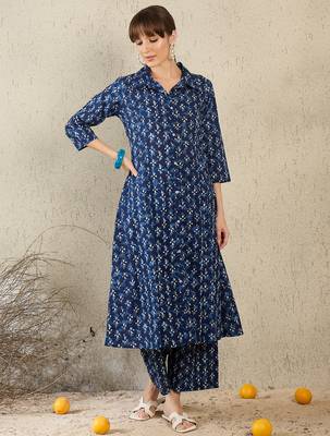 Blue printed pure cotton kurta trouser set 4