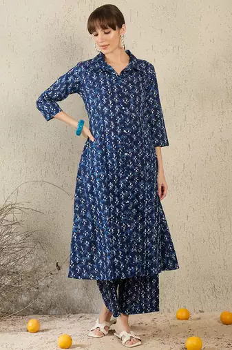 Blue printed pure cotton kurta trouser set