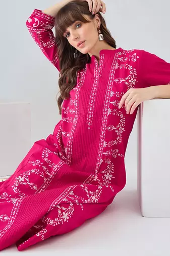 Pink embroidered pure cotton kurta trouser set