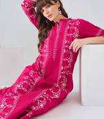 Pink embroidered pure cotton kurta trouser set