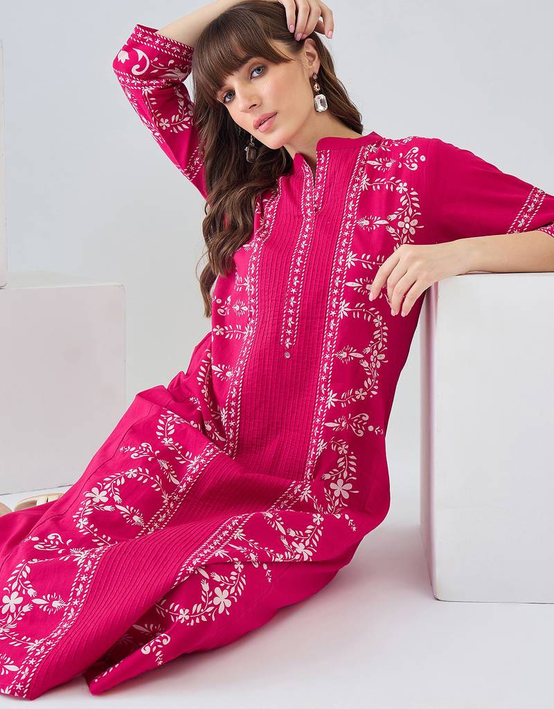 Pink embroidered pure cotton kurta trouser set