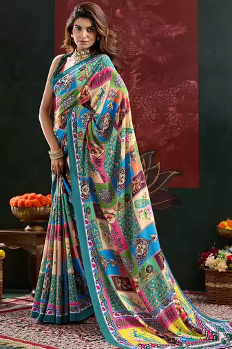 Green color digital print with mirror work silk blend saree with blouse