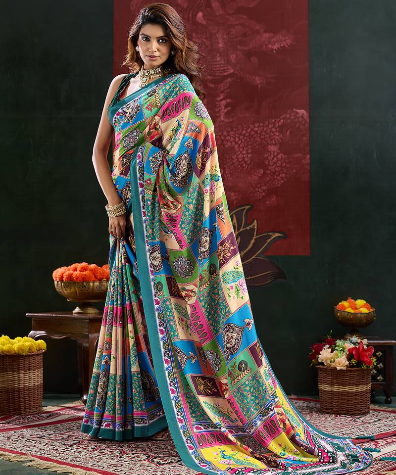 Green color digital print with mirror work silk blend saree with blouse