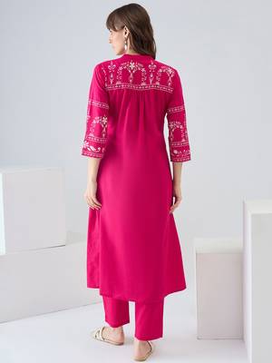 Pink embroidered pure cotton kurta trouser set 2