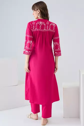 Pink embroidered pure cotton kurta trouser set