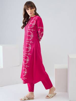 Pink embroidered pure cotton kurta trouser set 3
