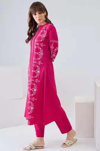 Pink embroidered pure cotton kurta trouser set