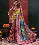 Pink color digital print with mirror work silk blend saree with blouse
