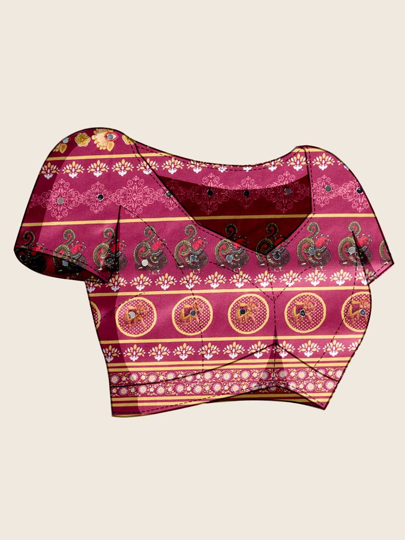 Pink color digital print with mirror work silk blend saree with blouse