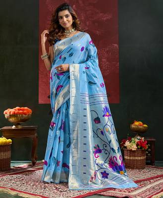 Dark blue color  zari work cotton silk saree with blouse 1