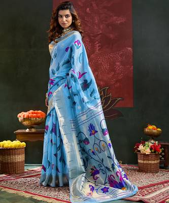 Dark blue color  zari work cotton silk saree with blouse 3
