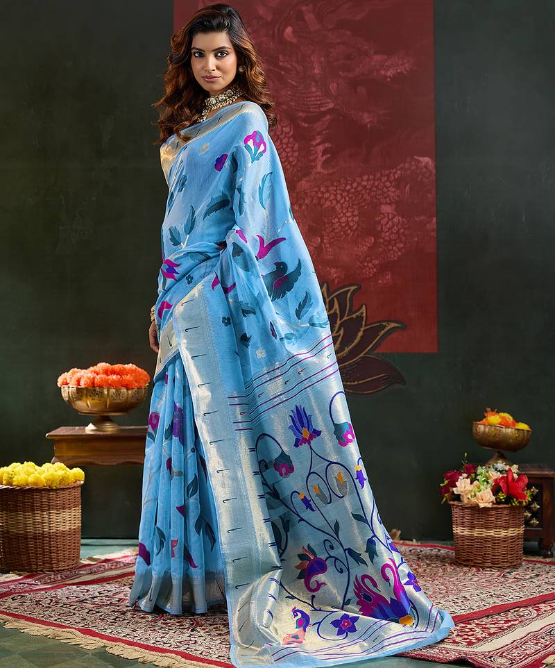 Dark blue color  zari work cotton silk saree with blouse