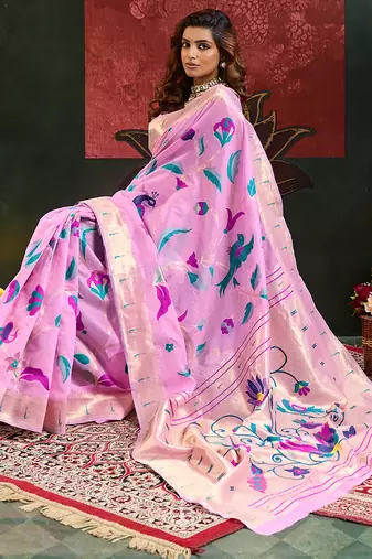 Pink color zari work cotton silk saree with blouse