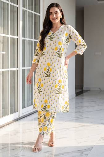 White embroidered pure cotton kurta trouser set