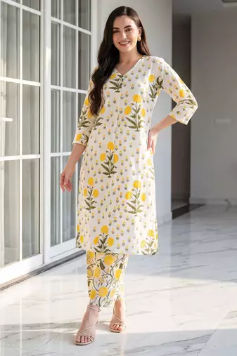 White embroidered pure cotton kurta trouser set
