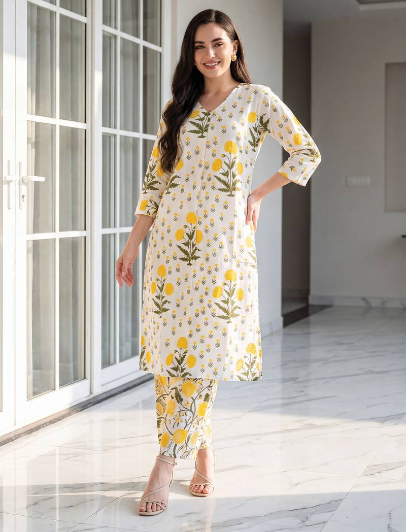White embroidered pure cotton kurta trouser set