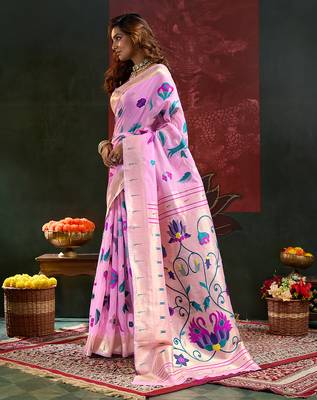 Pink color zari work cotton silk saree with blouse 3