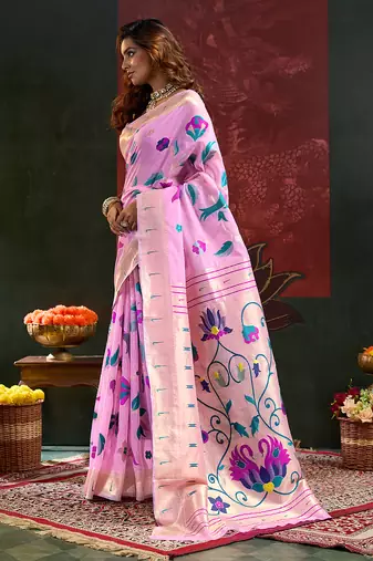 Pink color zari work cotton silk saree with blouse