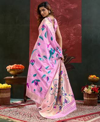 Pink color zari work cotton silk saree with blouse 4