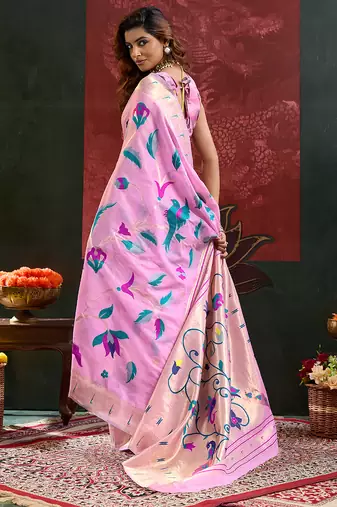Pink color zari work cotton silk saree with blouse