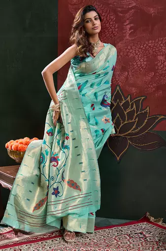 Blue color zari work cotton silk saree with blouse