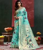 Blue color zari work cotton silk saree with blouse