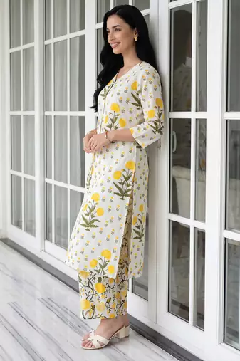 White embroidered pure cotton kurta trouser set