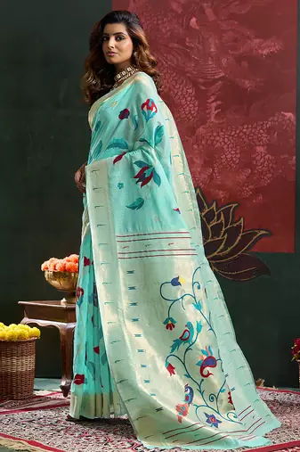 Blue color zari work cotton silk saree with blouse