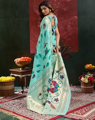 Blue color zari work cotton silk saree with blouse 4