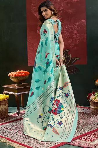 Blue color zari work cotton silk saree with blouse