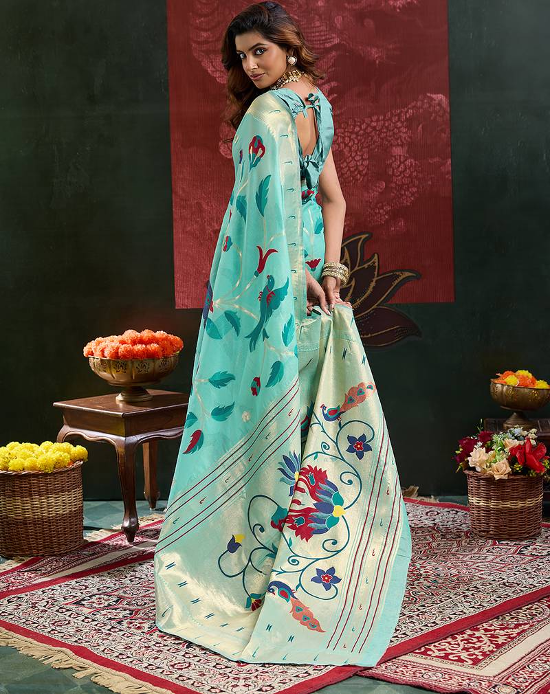 Blue color zari work cotton silk saree with blouse