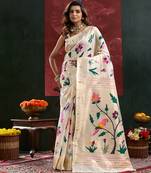 Cream color zari work cotton silk saree with blouse