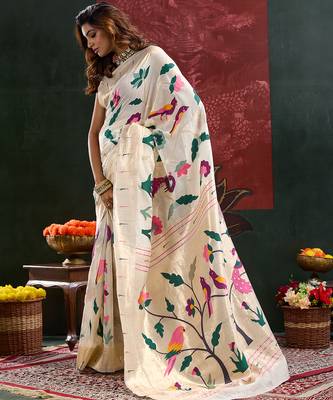 Cream color zari work cotton silk saree with blouse 3