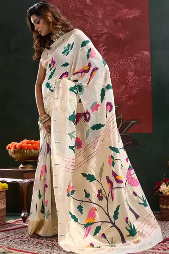 Cream color zari work cotton silk saree with blouse