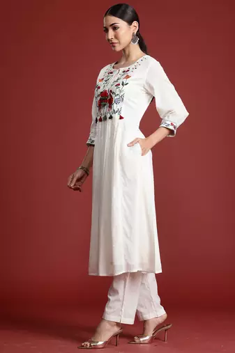 Off white embroidered pure cotton kurta trouser set