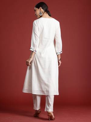 Off white embroidered pure cotton kurta trouser set 3