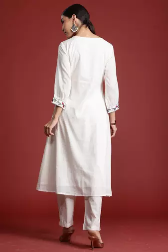 Off white embroidered pure cotton kurta trouser set