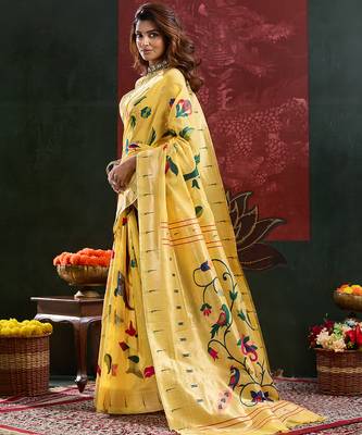 Yellow color zari work cotton silk saree with blouse 3