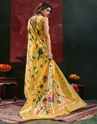Yellow color zari work cotton silk saree with blouse 4
