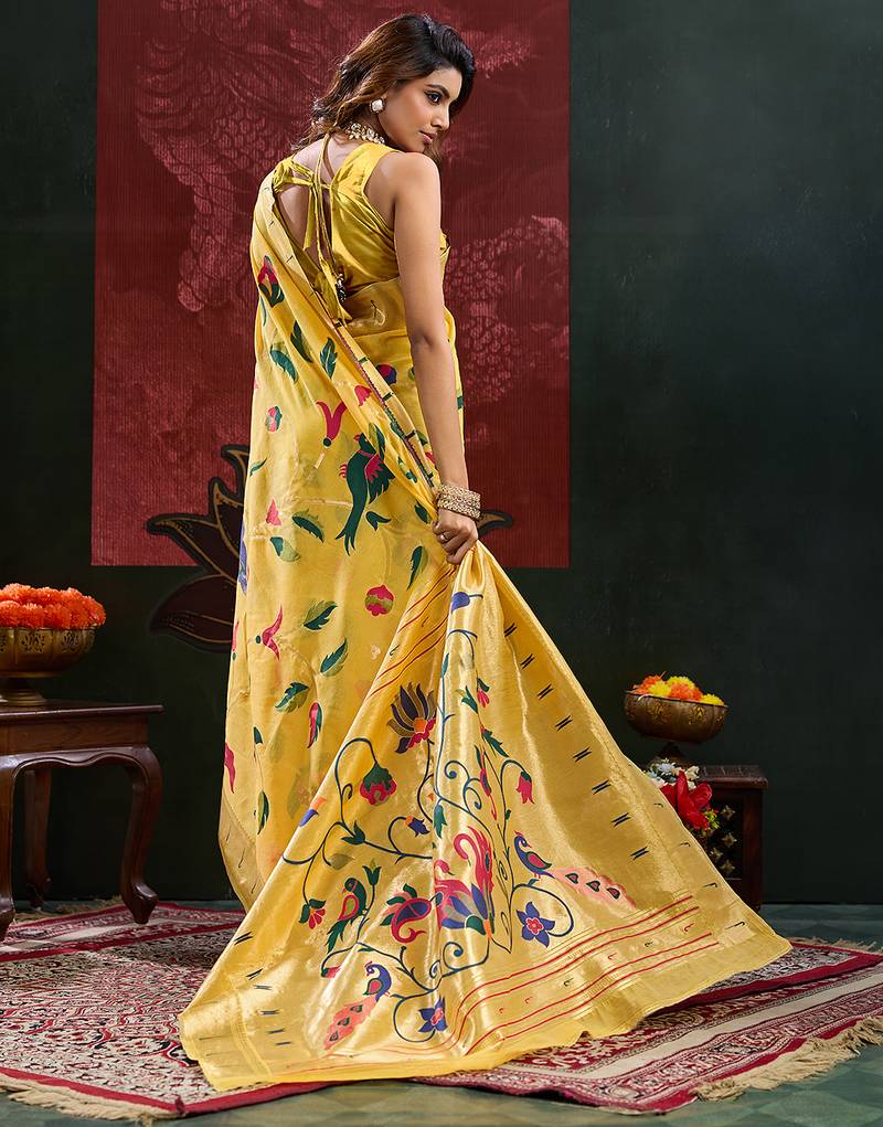 Yellow color zari work cotton silk saree with blouse