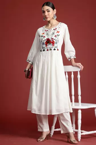 Off white embroidered pure cotton kurta trouser set