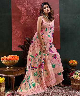 Peach color zari work cotton silk saree with blouse 2