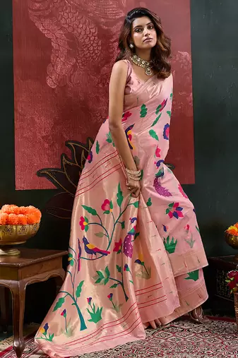 Peach color zari work cotton silk saree with blouse