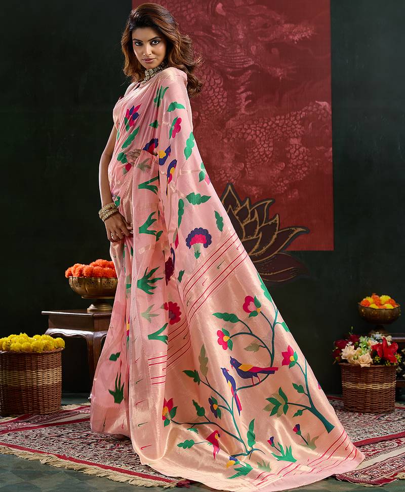 Peach color zari work cotton silk saree with blouse