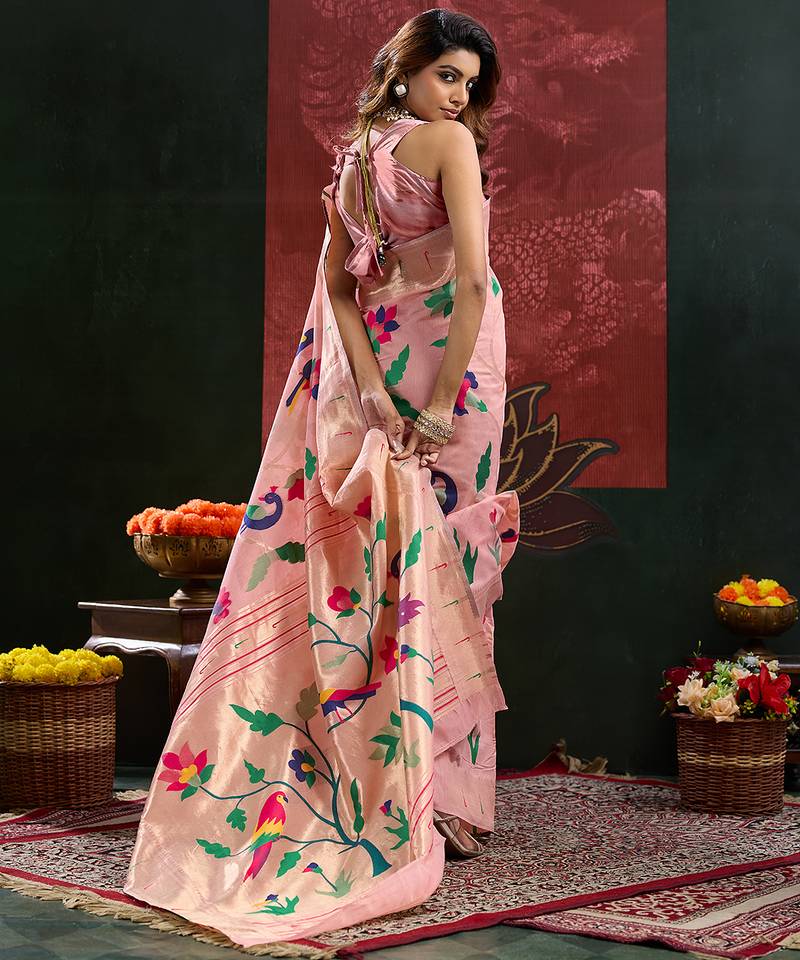 Peach color zari work cotton silk saree with blouse