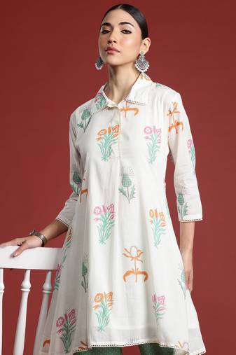 Off white printed pure cotton kurta trouser set