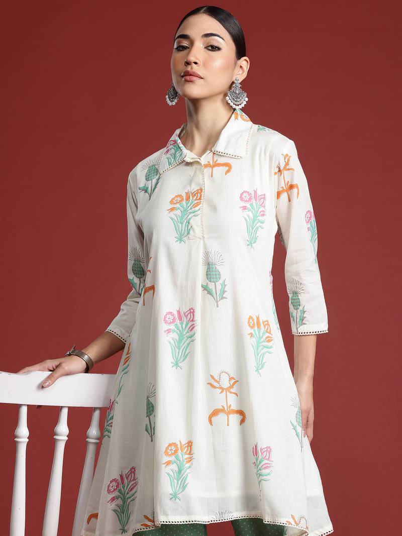 Off white printed pure cotton kurta trouser set