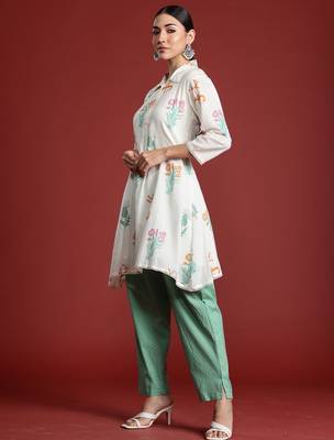 Off white printed pure cotton kurta trouser set 2